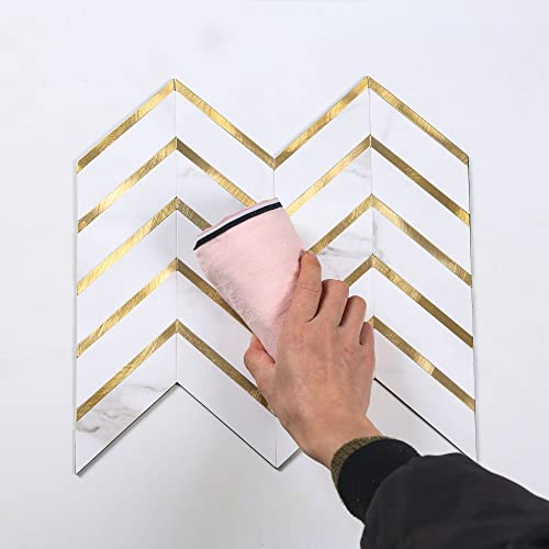 Kasaro 10-Piece Peel And Stick Backsplash, Herringbone Pattern Decorative Self-Adhesive Wall Tile For Kitchen And Bedroom, White+Metal Gold #TOP7