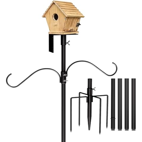 Mosloly Bird House Pole Kit 80inch - Universal Metal Bird Feeders Pole Mount Set with 5-Prongs Base and 2 Hanging Arms, Bird Feeding Station for Bird Watching, Plant Hanger Cover