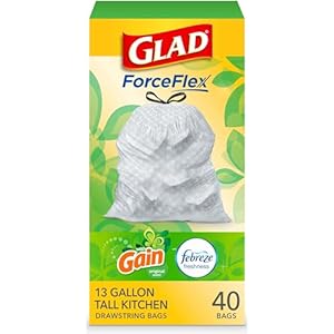 Glad Trash Bags, ForceFlex Tall Kitchen Drawstring Garbage Bags‚ 13 Gallon White Trash Bag, Gain Original scent with Febreze Freshness‚ 40 Count (Package May Vary)