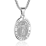 Yaumatea St. Raphael Necklace, Patron Saint of Travelers & Blind, Protection Medal, Catholic Gift, Stainless Steel 24' Chain (Silver)