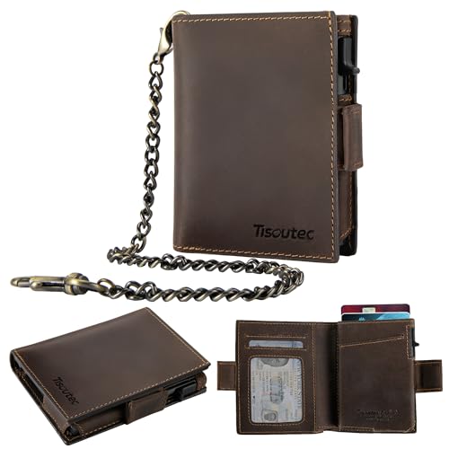 Tisoutec Portafoglio Uomo Slim Portafogli Piccolo Donna - Porta Carte Di Credito Uomo-Portacarte -Box Regalo Uomo-Portmone - Porta della carta Small/Mini con protezione RFID-Unisex con catena (Coffee)