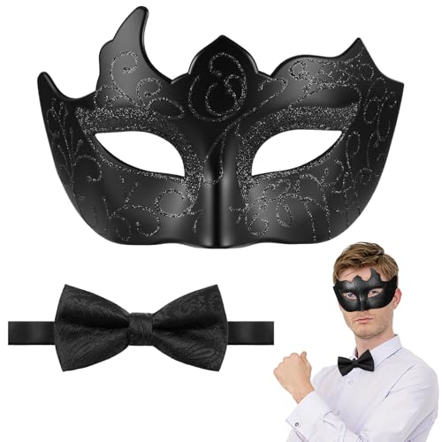 Halloscume Masquerade Mask for Men with Bowtie Venetian Mask Greek Roman Bow Tie for Halloween Mardi Gras Party(Elegant,Black)