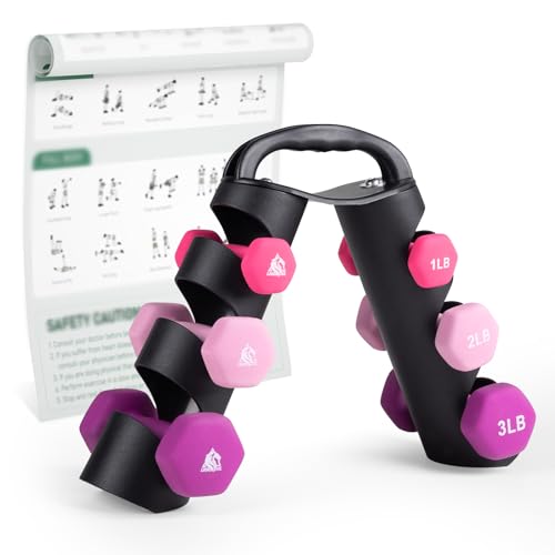 LIONSCOOL Kurzhantel-Set mit Neoprenbeschichtung, 1,4 kg, mit stabilem und tragbarem Gestell, Allzweck-Hantel-Set mit Sechskant-Hantel-Set (Rosy Vigor)