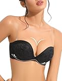 YBCG Push Up Strapless Plunge Bra with Clear Straps Convertible Lace Padded Add 2 Cups Underwire Low Cut for Women Black 34B