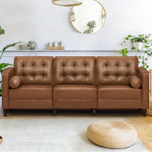 Image of 84 inch Faux Leather 3-Seat Sofa w /Two Bolster Pillows, Brown | Mid-Century Modern Sofa w /Tufted Backrest, Luxury 3-Seater Couch for Living Room, Bedroom, Office