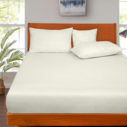 Image of ROYALE LINENS 300 Thread Count 100% Long Staple Combed Cotton Fitted Sheet Full - Super Soft Deep Pocket Bottom Sheet - Fitted Sheets Only - Elastic Sheets (Full, Ivory)