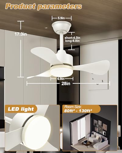 Image of Airwit 71 cm Ceiling Fan with Lighting and Remote Control, Diameter 71 cm, Quiet Ceiling Fan with Light, Small Lamp with Fan for Bedroom, Living Room, Children's Room, Reversible DC Motor