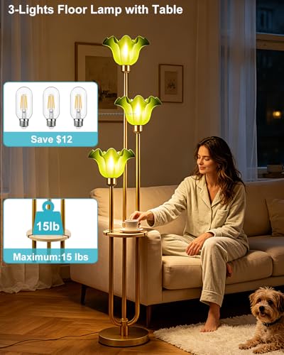 Image of Green Flower Floor Lamp for Living Room, Mid Century Modern Floor Lamp Dimmable with Shelf & LED Bulbs, 3 Light Warmwhite Gold Tall Standing Lamp for Bedroom Girls Room Home Decor