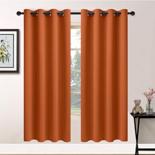 Yakamok Soft and Smooth Orange Blackout Curtains for Bedroom - Grommet Thermal Insulated Room Darkening Curtains for Living Room, Set of 2 Panels (52 x 72Inch, Burnt Orange)