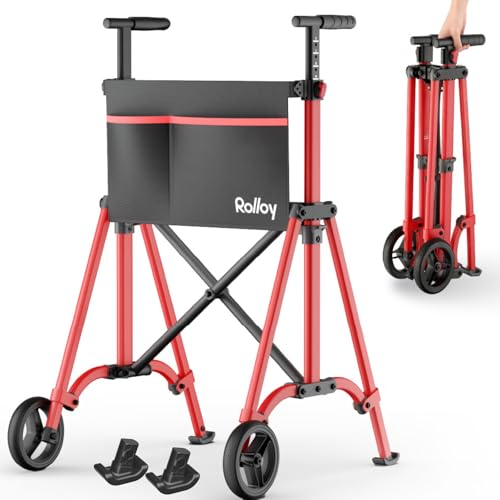 Folding Walkers for Seniors Lightweight Narrow Travel Walker Fully Assembled Standard Walker with 2 Wheels Adjustable Height for Tall Aluminum Frame Supports 400 lbs Extra 2 Skis and Storage Bag