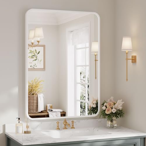 Dripex Specchio da parete Rettangolare, 55 x 75 cm HD Specchio con cornice in alluminio,Specchio cosmetico, infrangibile specchio decorativo per Bagno Spogliatoio Soggiorno (Bianco)