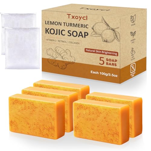 Txoycl Lemon Turmeric Kojic Acid Soap Bar - Turmeric Soap with Vitamin C Retinol Collagen Moisturizing for Face Body Hands | Suits Dry Sensitive Skin (5 Bars)