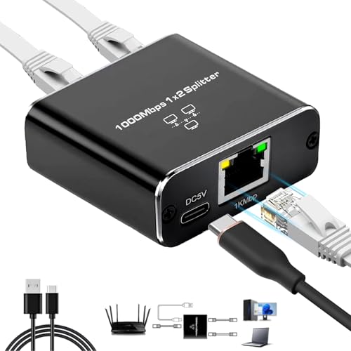 Gigabit Ethernet Splitter 1 to 2 - 1000Mbps High Speed RJ45 Port Multiplier with USB-C Power, LAN Network Switch for Cat5/5e/6/7/8 Cables, Plug & Play Internet Switch 1 in 2 Out for Laptop Game