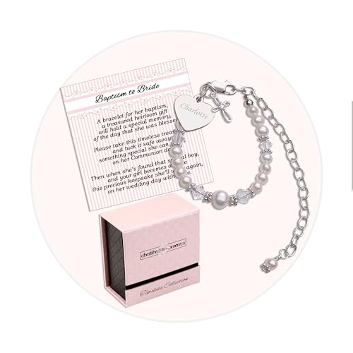 Image of Cherished Moments Personalized Baptism to Bride Cross Bracelet Gift for Girls with Engraved Heart in 925 Sterling Silver and Cultured Pearl