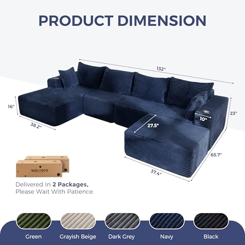 Image of MAXYOYO 132 inch Giant U-Shaped Modular Sectional Couch, Modern Boneless Couch for Living Room, Sofa in A Box, Oversized Sofa with Deep Seat, No Assembly Required, Navy