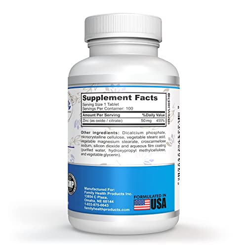 Family Health Products Zinc 50Mg Supplement,100 Tablets For Immune Function Overall Wellness And Lifestyle Support- Gluten Free & Lactose Free Antioxidant Capsules, 90 Day Supply #TOP5
