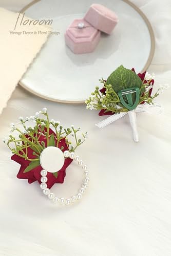Floroom Burgundy Rose Wrist Corsage Red Wristlet Band Bracelet and Men Boutonniere Set for White Wedding Flower Accessories Prom Suit Decorations image 6
