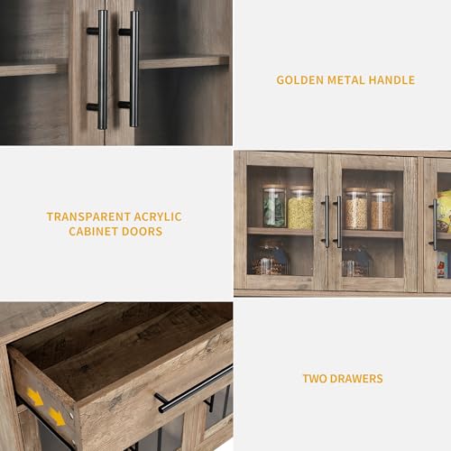 DWVO 71'' Tall Kitchen Pantry Storage Cabinet with Charge Station, Farmhouse Glass Display Food Pantry Hutch with Microwave Stand & Hooks & Drawers & Shelves for Home Living Dining Room, Lvory Grey