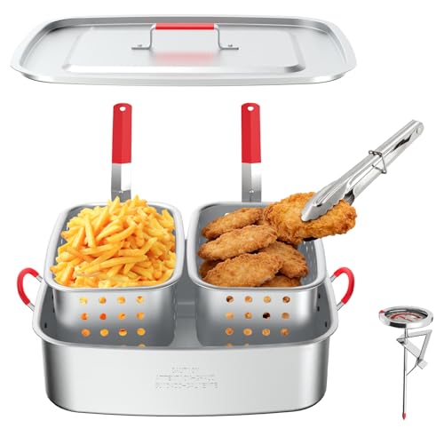 Image of 18QT Fish Fryer Pot with 2 Basket, Aluminum Deep Fryer with Lid, Thermometer & Tongs, Outdoor Frying Pot for Fish, Chicken Wings & French Fries