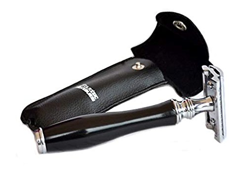 Double Edge Safety Razor Set Black Handle with Genuine Leather Shaving Travel/Protective Case (BLACK HANDLE + 5 SHARK)