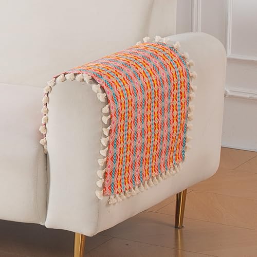 Image of HOKIPO Sofa Arm Cover with Tassel | 300 GSM Thick Cotton Acrylic Jacquard Armrest Mat, 50x70 cm, Pack of 2,'Trivana Series' Coral Orange (IN-931-J2*2)