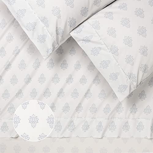 Chanasya Small Damask Printed Victorian Patterned Queen Bed Sheet Set 4-Piece - 1 Flat 1 Fitted Sheet 2 Pillowcases - Ultra Soft Wrinkle Fade Stain Resistant Luxurious Microfiber Sheets - White #TOP1
