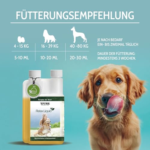 TJURE Relax Liquid für Hunde | 500 ml | Ergänzungsfuttermittel mit Kräuterextrakten | Zur Unterstützung von Ruhe & Ausgeglichenheit | Pflanzliche Rezeptur | Made in Germany