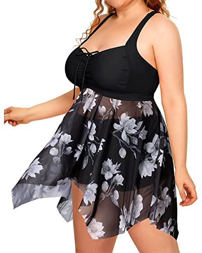Image of Daci Plus Size Two Piece Swim Dress with Shorts for Women Mesh Swimsuits Flowy Bathing Suits