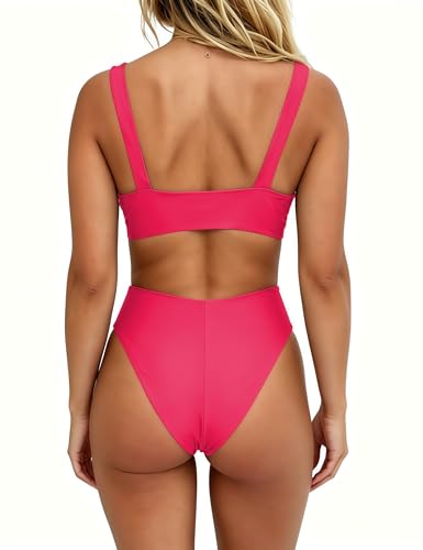 Image of geluboao Bikini Set for Women Solid V Neck Knot Front Push Up High Leg Thong Two Piece Swimsuit