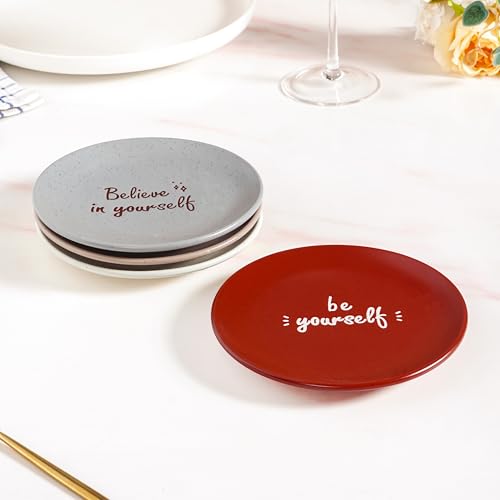 Image of Nestasia Ceramic Round Snack Plate Set of 4 (15cm Each) - Inspiring Quotes Embossed Small Plates for Serving Snacks & Desserts | Microwave & Dishwasher Safe (White, Grey, Red, & Taupe)