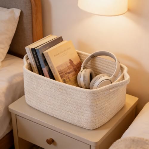 Panier de rangement en corde de coton tissé main blanc