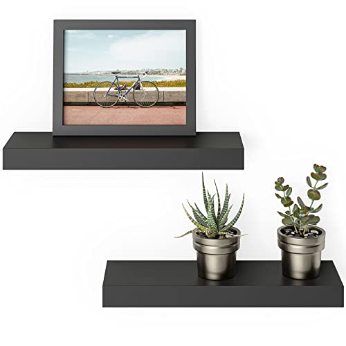 Ballucci Floating Wall Shelves, 2-Pack 16" Wood Wall Mount Ledges for Living Room, Bedroom, Bathroom, Kitchen, Office, 5" Deep - Black