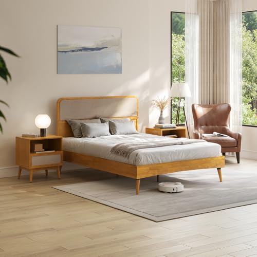 Image of Bme Calista Queen Size Bed Frame - Solid Wood Platform Bed with Upholstered Headboard, Teak Brown Finish, Mid-Century Modern Style with Sturdy Slats & Tapered Legs, No Box Spring Needed