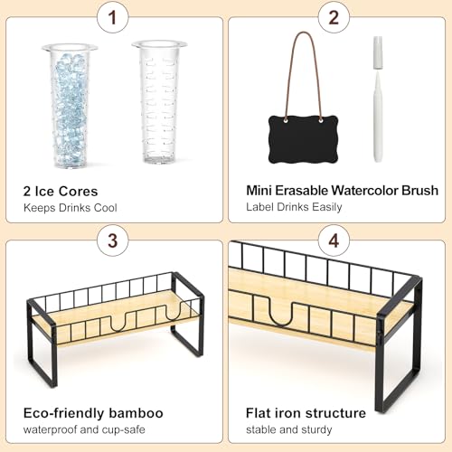 Zuyachuza 2-pack 1 Gallon Drink Dispenser,Glass Beverage Dispenser with Spigot,Lemonade dispenser Bamboo Stand for Outside, Glass Drink Dispensers for Parties with Ice Core