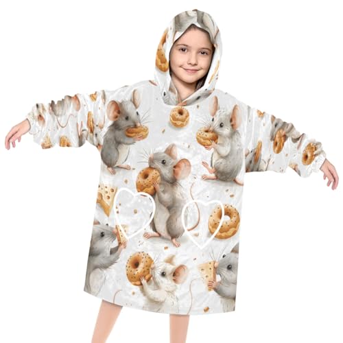 Wearable Blanket Hoodie for Kids, Cute Mouse Fleece Sweatshirt Blanket Oversized Blanket Sweatshirt with Pocket Flannel Warm Hooded Blanket 6-10 Year Old Girl Boy Gift, One Size