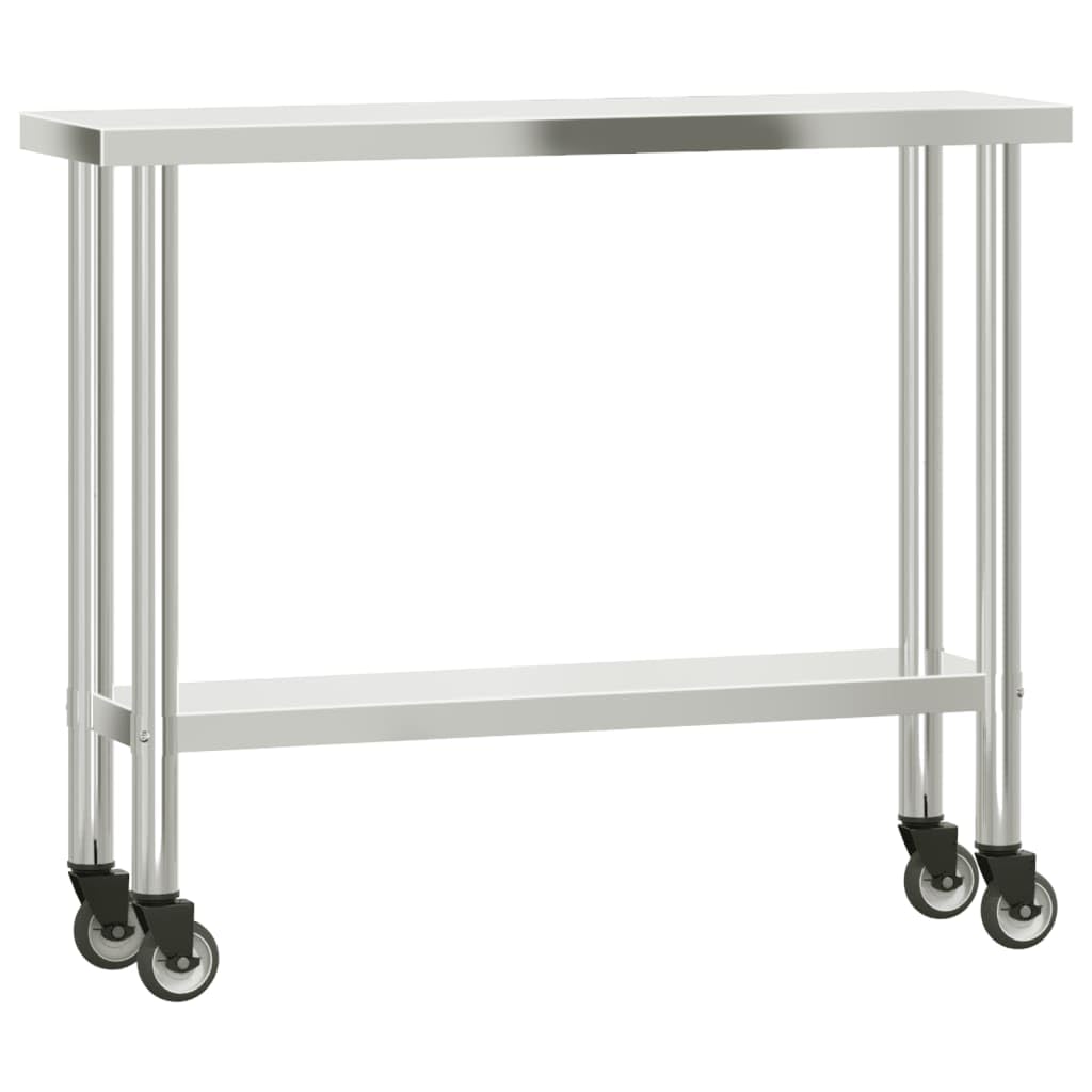 Mesa de trabajo de cocina de acero inoxidable con placa superior 110 x 30 x 120 cm, 4 ruedas con freno, suministros de gastronomía para restaurante, catering, bar, bistró, pizzería, comercial