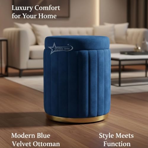 Image of Round Strip Stool with Cushion Foot Rest Office Stool Pouf Ottoman Padded Seat in Living Room - Blue