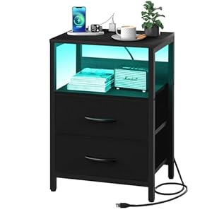 Yoobure Nightstand with Charging Station, LED Night Stand with Fabric Drawers and Storage Shelf for Bedroom, Nightstands Bedside Tables with USB Ports & Outlets, Small Night Stands, Bed Side Table
