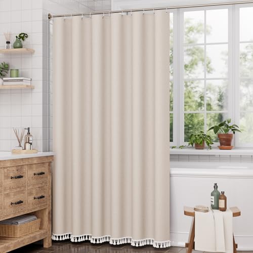 Image of AmazerBath Boho Shower Curtain for Bathroom, 72x72 Beige Shower Curtain with Tassels, Modern Farmhouse Shower Curtain Set with Hooks, Neutral Faux Linen Light Tan Toned, Water Repellent