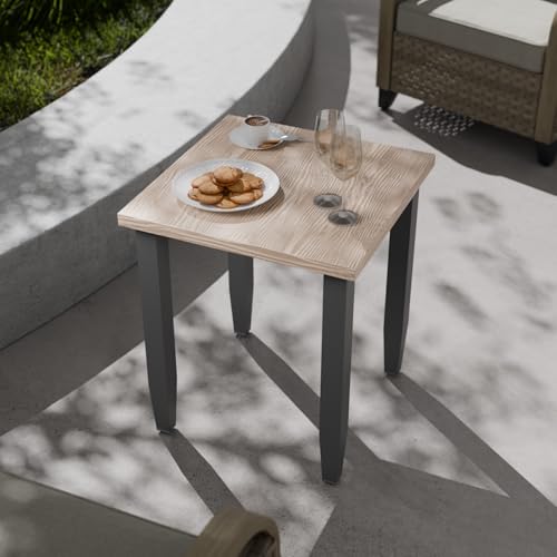 COOS BAY Mesa auxiliar de metal para exteriores con parte superior de grano de madera, mesa cuadrada pequeña para bebidas, mesa auxiliar de muebles de exterior para terraza, balcón, porche, jardín y
