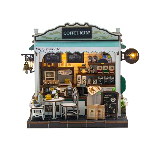 Cyraft Miniature Coffee Shop Kits DIY for Adults and Teens Miniature House Book Nook with Lights Craft Kit for Family and Friends
