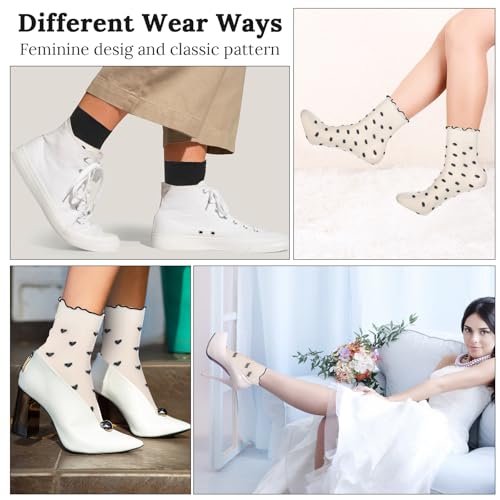 Image of Ouligay 6 Pairs Sheer Ankle Socks Women Transparent Fishnet Socks Cute Frilly Mesh Socks Women Sheer Ruffle Socks, Breathable Spring Summer Short Socks (Hearts, Stripes, Plaid)