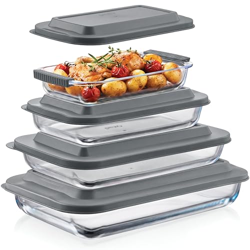 Pexo 8 Piece Glass Baking Dish Set with Plastic Lids With Silicone Handles for Easy Grip (1.06QT 1.69QT 2.32QT 3.17QT) Clear Glass Casserole Dishes for Oven Airtight Lids Glass Bakeware Freezer Oven and Dishwasher safe (Gray)