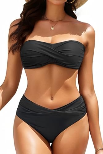 Women's Strapless Bandeau Bikini Set - Twist Front Two Piece Swimsuit with Side Tie Bathing Suit Bottom