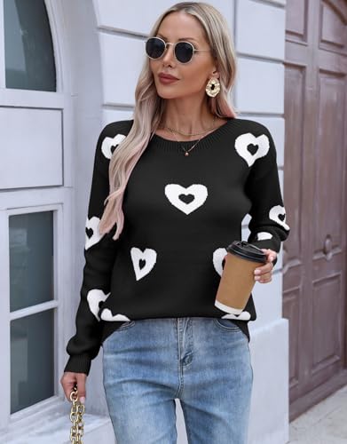 Women Fall Winter Boat Neck Pullover Sweaters Long Sleeve Cute Heart Valentines Sweater2