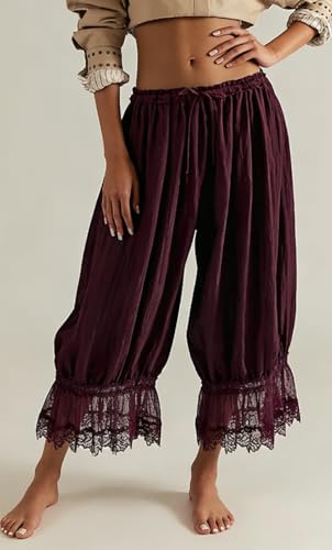 Image of NUFIWI Women Ruffle Long Bloomer Y2k Lace Trim Pettipants Pantaloons Mid Rise Cropped Pajama Pants Under Dress Slips