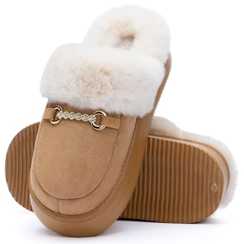 Womens Fuzzy Memory Foam Slippers for Women Winter House Slippers Warm Comfy Shoes Indoor Outdoor Suede Platform with Anti-Skid Sole Gift for Women Mom Ladies