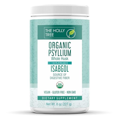 THE HOLLY TREE Psyllium Husk Powder Organic 8 oz - Isabgol Powder Product of India - Whole Psyllium Husk Fiber for Digestive Health & Regularity - Gluten-Free USDA Organic Kosher