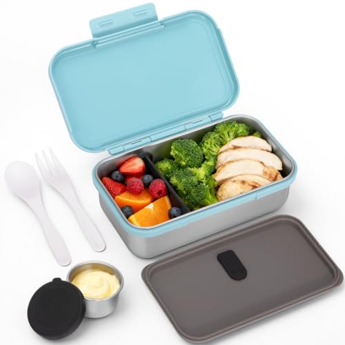 Image of JSLOVE Stainless Steel Lunch Bento Box for Adult, 30oz Leak-Proof Lunch Container, Stainless Metal Kid Bento Box with Adjustable Divider, Sauce Container, Microwave, Dishwasher & Freezer Safe(Blue)