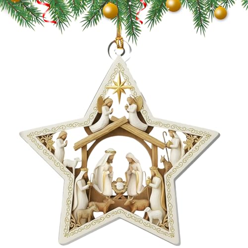 Teksome Pendente de árvore de Natal com cena de belen, Nascimento de Jesus 2D plano pendente, decoração natalícia de Belen em acrílico, para Repisa Peitoril porta parede sala quarto varanda